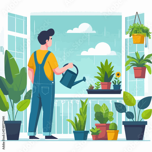 A man watering plants on a balcony with an open window and a cloudy sky outside.