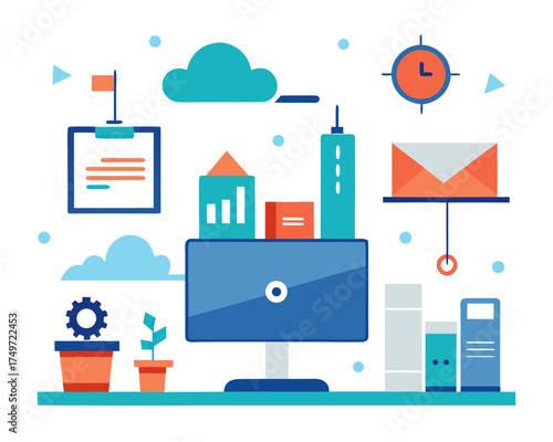 Modern flat design illustration of a desk setup with computer cityscape and office supplies