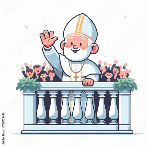 Cartoon illustration of a friendly pope waving to a cheering crowd from a balcony.