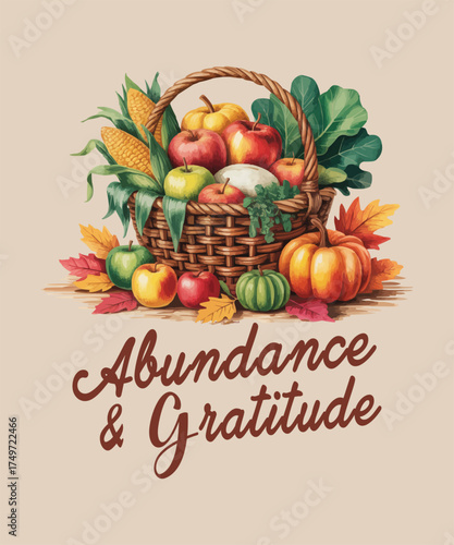 A woven basket overflowing with autumn harvest fruits and vegetables