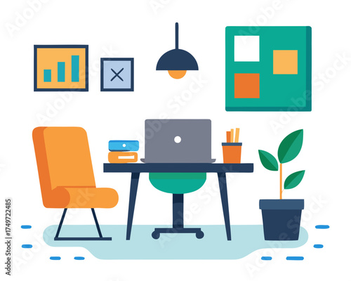 Modern home office setup with laptop desk chair plant and wall art for remote work