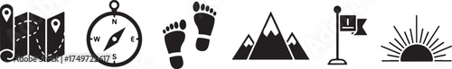Collection of silhouette icons for outdoor adventure hiking travel and nature exploration discovery vector
