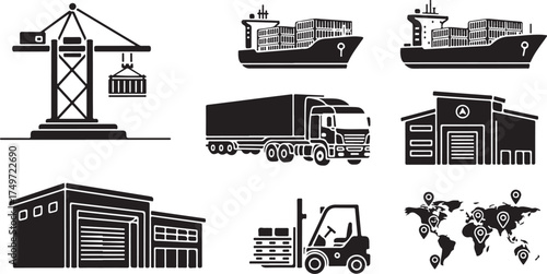 Global shipping logistics icons set warehouses trucks ships cranes connectivity elements vector