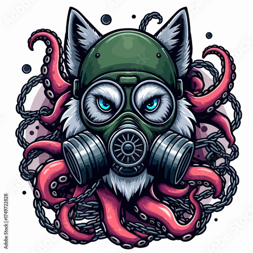 A stylized illustration of a fox wearing a gas mask and surrounded by tentacles and chains.