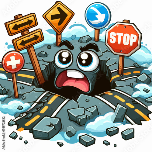 A cartoon illustration of a scared face emerging from a large pothole in a broken road surrounded by various traffic signs.