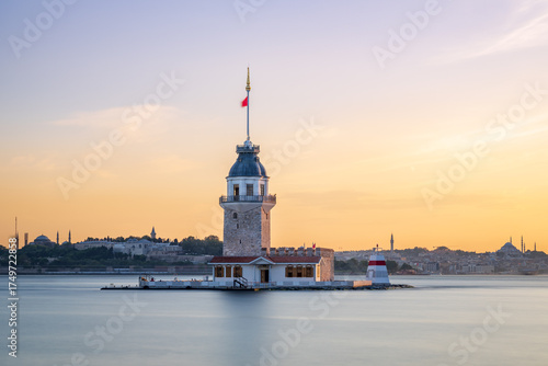 Maiden's Tower, one of the oldest buildings in Istanbul, at sunset as photographed from the Coast of Üsküdar.
