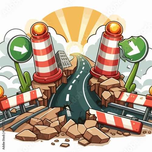 Cartoon illustration of a broken road with construction barriers, traffic cones, and directional signs under a rising sun, symbolizing obstacles and challenges.