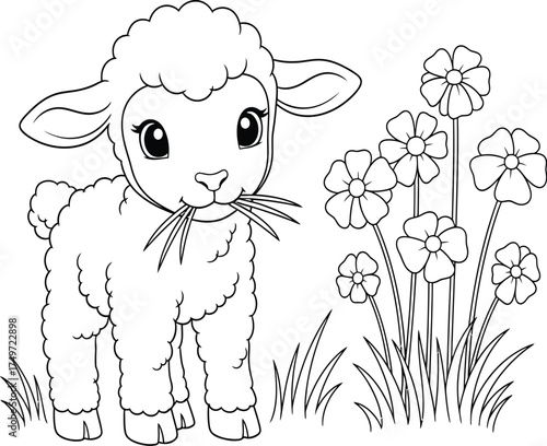 Cute Lamb Eating Grass with Flowers - Black and White Line Art Illustration for Spring, Easter, or Farm Designs