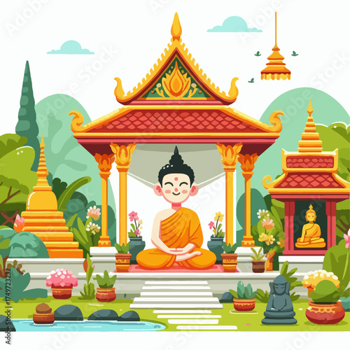 A vibrant cartoon illustration of a serene Buddha statue seated in a traditional temple pavilion surrounded by lush greenery and ornate stupas.