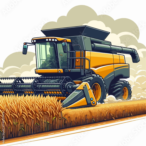 A yellow and black combine harvester working in a golden wheat field under a cloudy sky, illustrating modern agriculture.