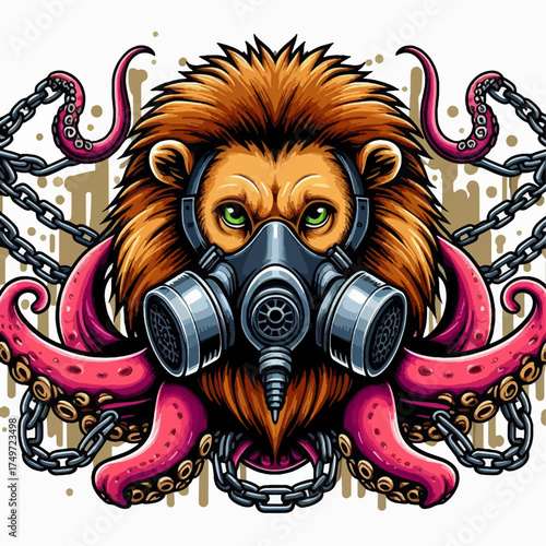A fierce lion wearing a gas mask, surrounded by tentacles and chains, in a graffiti-inspired style.