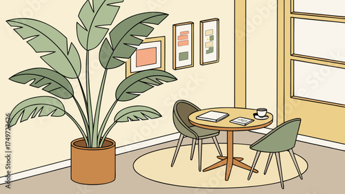 Illustration of a cozy cafe interior with plant, table, chairs and artwork for home decor ideas
