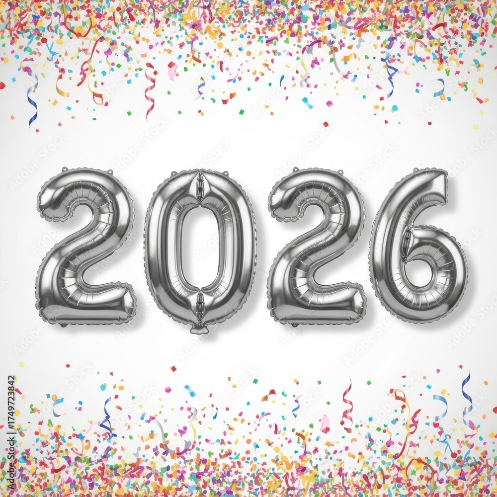 Obraz premium Silver balloons spell out 2026 surrounded by colorful confetti and streamers