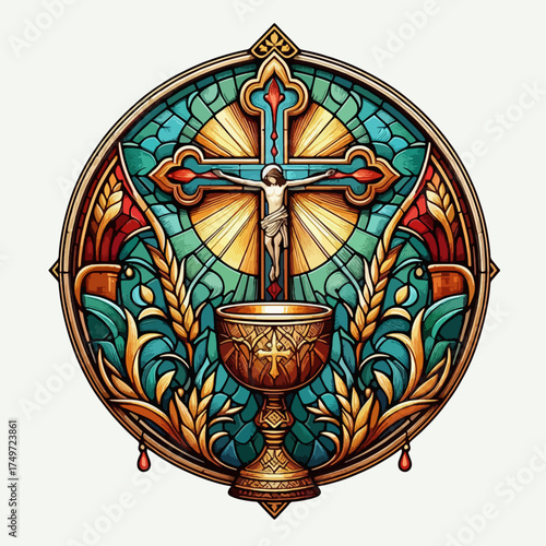 A circular stained glass window depicting the crucifixion of Jesus Christ, a chalice, and wheat stalks, symbolizing Christian faith and communion.