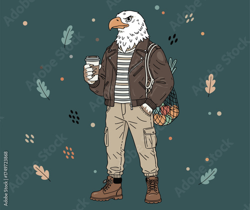 Cool eagle character wearing casual autumn clothes, holding a cup of coffee. Gentle pastel fall tones and cozy design