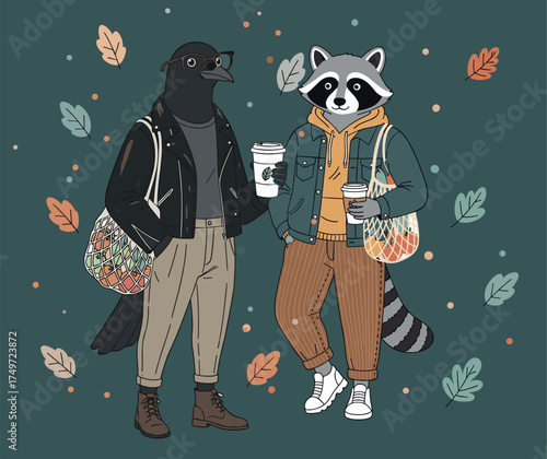 Raccoon and crow wearing warm fall clothes, holding coffee and eco bags, surrounded by leaves. Adorable autumn vector art