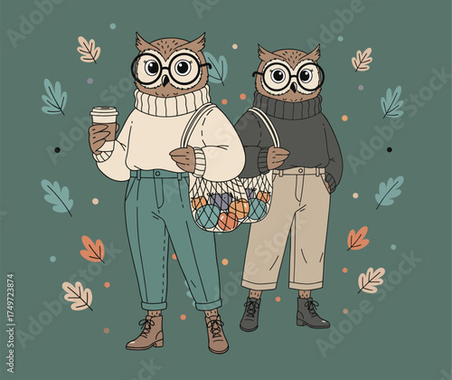 Two fashionable owls in sweaters holding coffee and eco bags surrounded by autumn leaves. Calm cozy mood and pastel tones