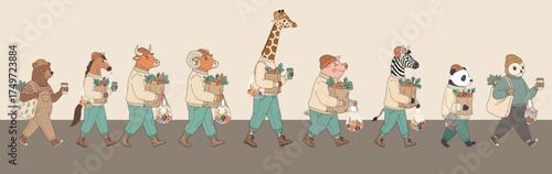 Line of cute anthropomorphic animals — giraffe, zebra, panda, pig, lion, and bear — wearing autumn clothes and carrying coffee cups and eco bags. Cozy fall concept art.