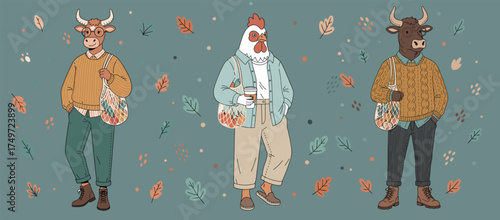 Cute bull, rooster, and ox characters in sweaters and scarves with coffee and eco bags. Warm and friendly fall mood illustration
