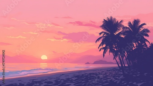 A Serene Beach Sunset with Palm Trees and a Calm Ocean