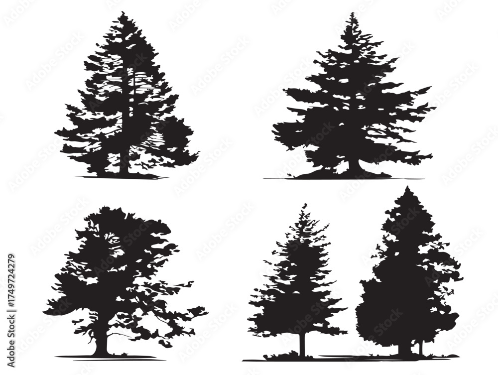 Obraz premium Pine Tree Silhouette Standing Tall in Winter 2D Vector Line Art