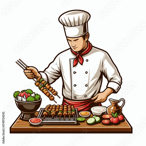 A skilled chef meticulously prepares delicious skewers of meat and vegetables on a grill, surrounded by fresh ingredients and condiments.