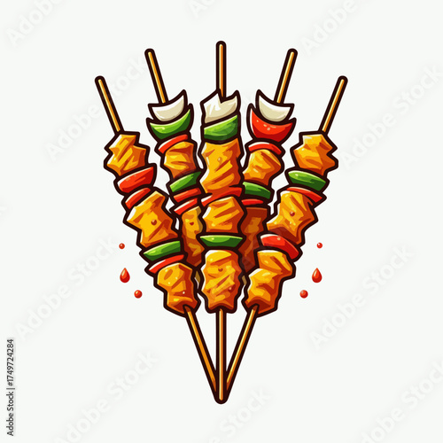 A vibrant illustration of five delicious chicken skewers with colorful bell peppers and onions, presented on wooden sticks.