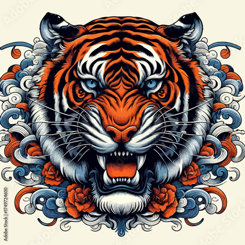 A fierce tiger's head with blue eyes and orange stripes, surrounded by stylized blue clouds and red roses.