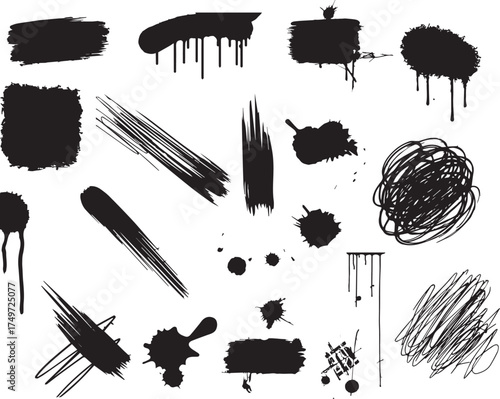 Bold black brush strokes with splatters, scribble texture, spray paint, grunge style. Dried stencil smear, ink stains with paint drips and dirty scribbles for logo, text. Vector