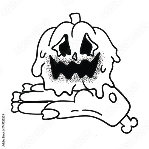 Melting pumpkin head on a hand with bone spooky Halloween vector illustration isolated on white background