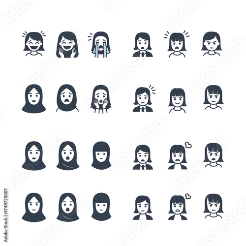 Diverse collection of female avatar expressions and emotions.