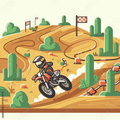 A cartoon illustration of a motocross rider racing on a dusty desert track with cacti and checkered flags.