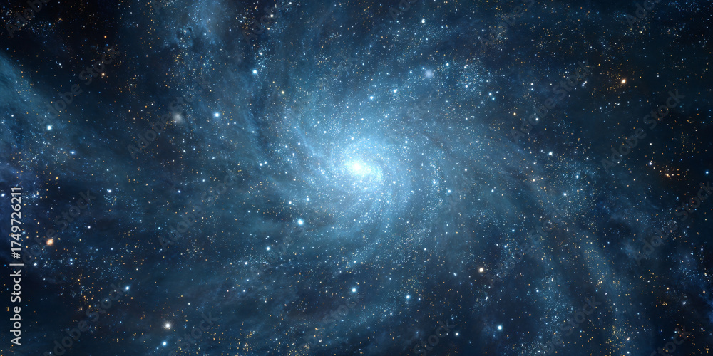 Fototapeta premium Blue spiral galaxy glowing in cosmic universe astronomy science fantasy background design - AI generated