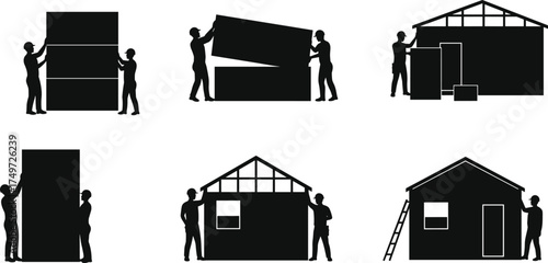 Silhouette construction workers assembling small house structure step by step with tools, ladder, roof, teamwork, safety, building process, architecture, industry
