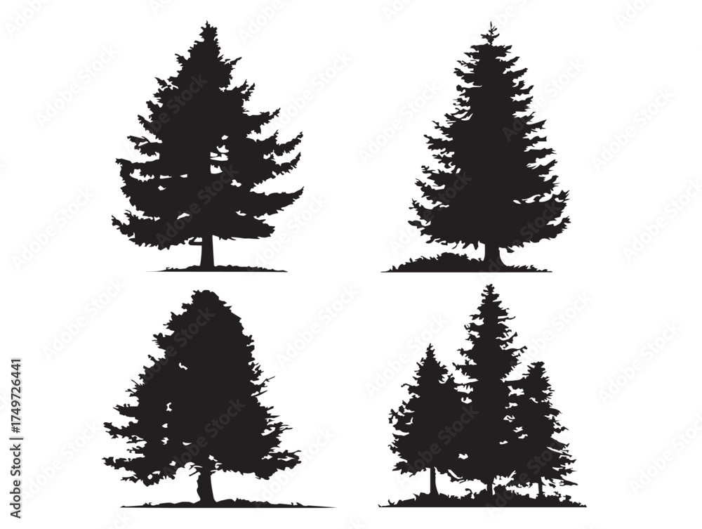 Obraz premium Stylized spruce tree silhouette minimalist vector line drawing set