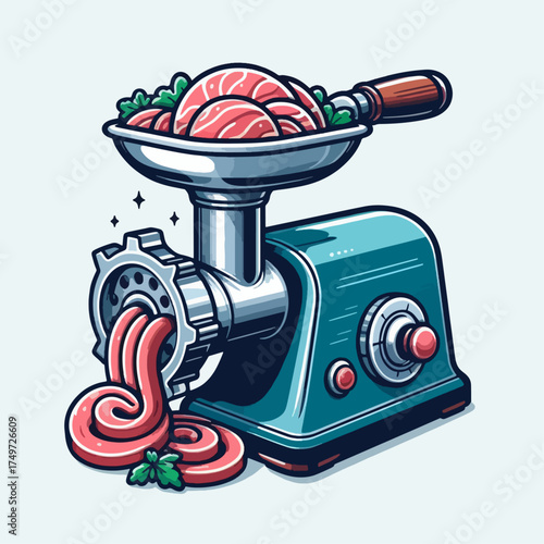 A vintage-style electric meat grinder is shown in a detailed illustration, processing raw meat into ground sausage.