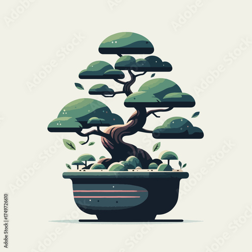 A stylized illustration of a mature bonsai tree with lush green foliage and a gnarled trunk, potted in a dark ceramic container.