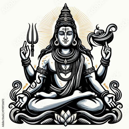 Lord Shiva meditating in Padmasana with trident and water pot, depicted in a detailed illustrative style with a radiant halo.