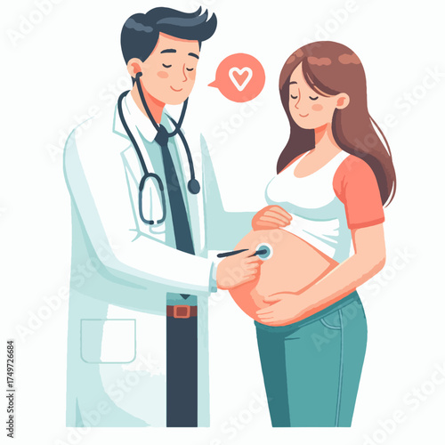 A male doctor in a white coat uses a stethoscope to listen to the heartbeat of a pregnant woman.