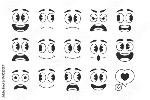 Vintage 1930s-Style Comic Faces, Retro Animated Character Emotion Grid, Classic Rubber Hose Cartoon Expressions, vector, illustration, silhouette