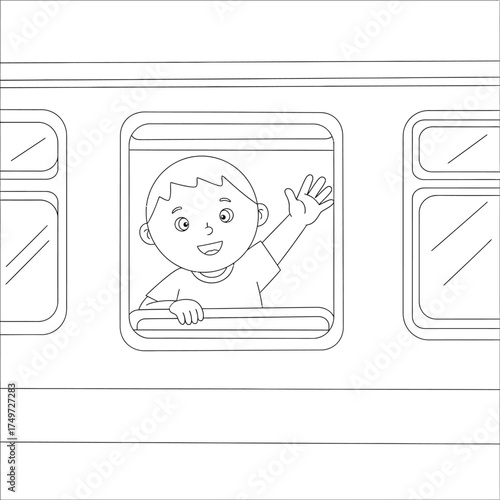 Happy Boy Waving Goodbye from a Train Window - Travel Fun Outline