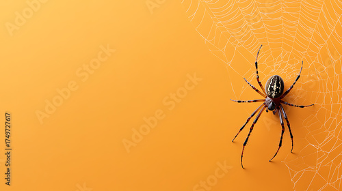 Spider on web against a bright orange background. Creepy crawler.  Halloween decoration for a party. Arthropod and spiderweb. Eight legs!
