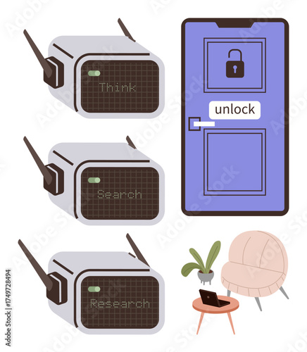 Robots labeled with Think, Search, Research beside locked door unlocking it. Chair, plant, and table represent creativity, connection, and balance. Ideal for innovation teamwork AI