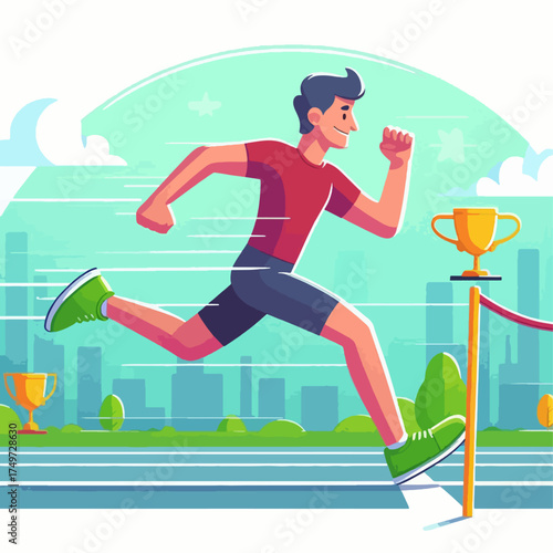 A smiling man in a red shirt and blue shorts running towards a golden trophy in an outdoor race with a city skyline.