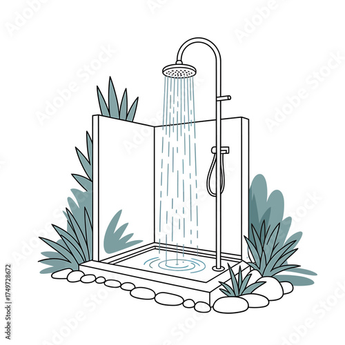 Outdoor Shower Illustration with Tropical Plants and Pebble Accents a Minimalist Design Concept for Relaxation and Spa Retreats