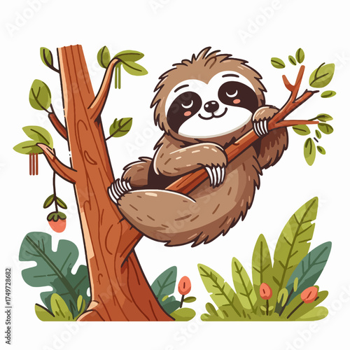 A cute, cartoonish sloth is happily hanging from a tree branch, surrounded by lush green foliage and small red flowers.
