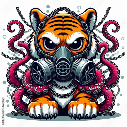 A cute yet fierce cartoon tiger cub wearing a gas mask with octopus tentacles and chains in an edgy style.