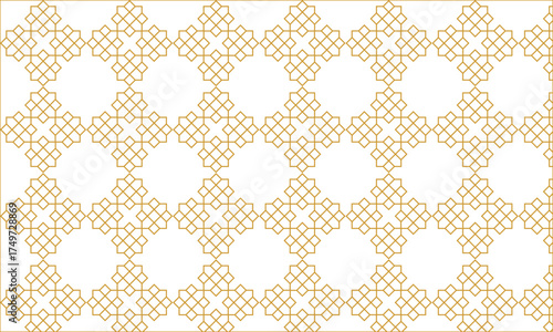 Elegant geometric pattern with golden lines forming symmetrical shapes on a white background. Perfect for Islamic art, luxury design, decorative wallpaper, or modern architecture inspiration.