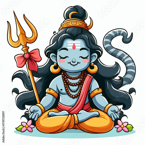 Cute cartoon Lord Shiva meditating peacefully in lotus pose with trishul and snake, surrounded by flowers, vector illustration.