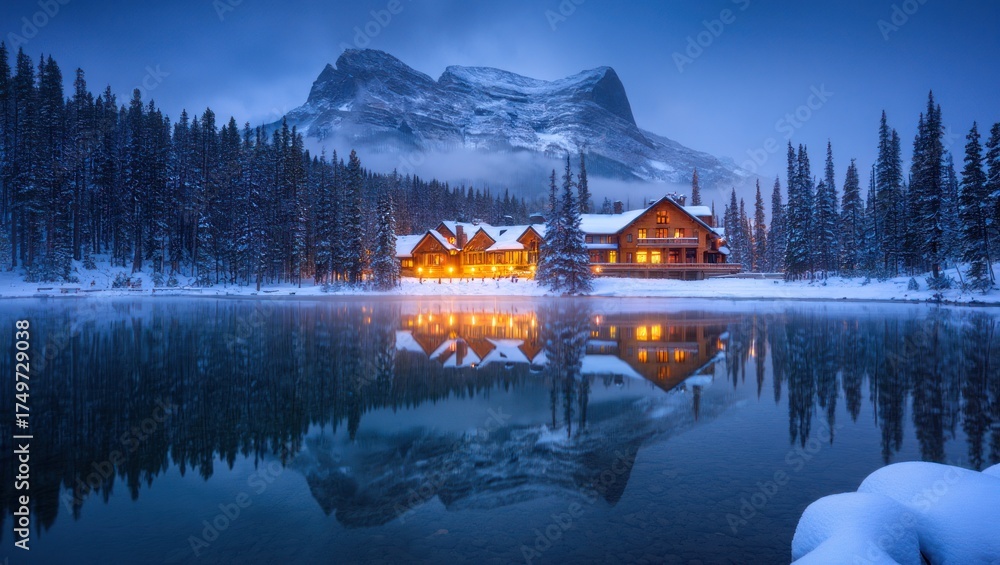 Obraz premium Majestic Mountain Lodge Snow Winter Serene Lake Reflection Twilight Blue Hour Evergreen Forest Snowy Landscape Cozy Warm Lights Peaceful Retreat Wilderness Escape Canadian Rockies Banff National Park